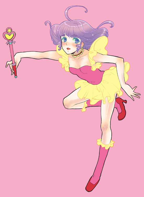 hachikou (hatty463), creamy mami, morisawa yuu, mahou no tenshi creamy mami, 1980s (style), 1girl, ahoge, blush, boots, choker, dress, drill hair, female focus, frills, high heel boots, high heels, idol, magical girl, oldschool, pink boots, purple hair, retro artstyle, scepter, shoes, short hair, simple background, socks, solo, wand