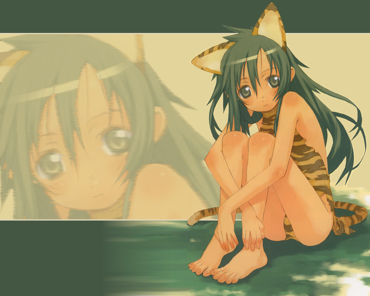 kuroboshi kouhaku, cham cham, samurai spirits, snk, 1girl, animal ears, animal print, barefoot, cat, cat ears, cat tail, feet, female focus, flat chest, green eyes, green hair, long hair, long legs, matching hair/eyes, sitting, skinny, solo, swimsuit, tail, tiger print, zoom layer