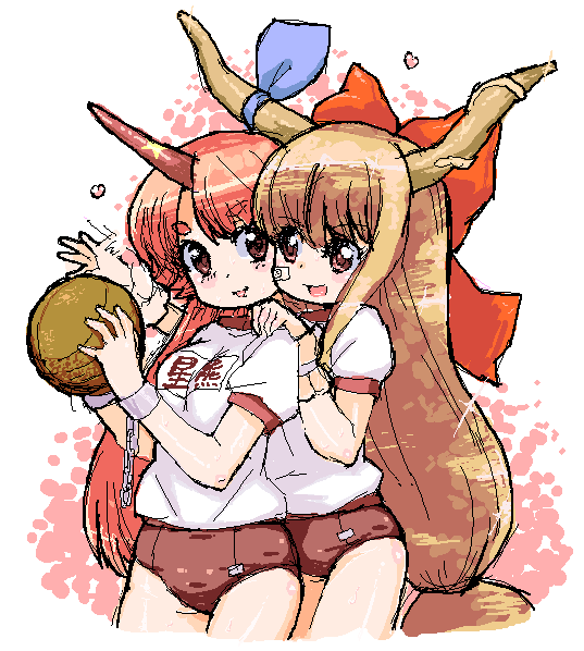 randou, hoshiguma yuugi, ibuki suika, touhou, 2girls, alternate costume, buruma, female focus, gym uniform, horns, multiple girls, oekaki, single horn