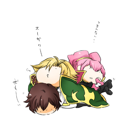 piko (pixiv 24613), anya alstreim, gino weinberg, kururugi suzaku, code geass, lowres, 00s, 1girl, 2boys, blonde hair, brown hair, chibi, disembodied head, full body, lying, multiple boys, on stomach, shaded face, simple background, text focus, white background, yukkuri shiteitte ne