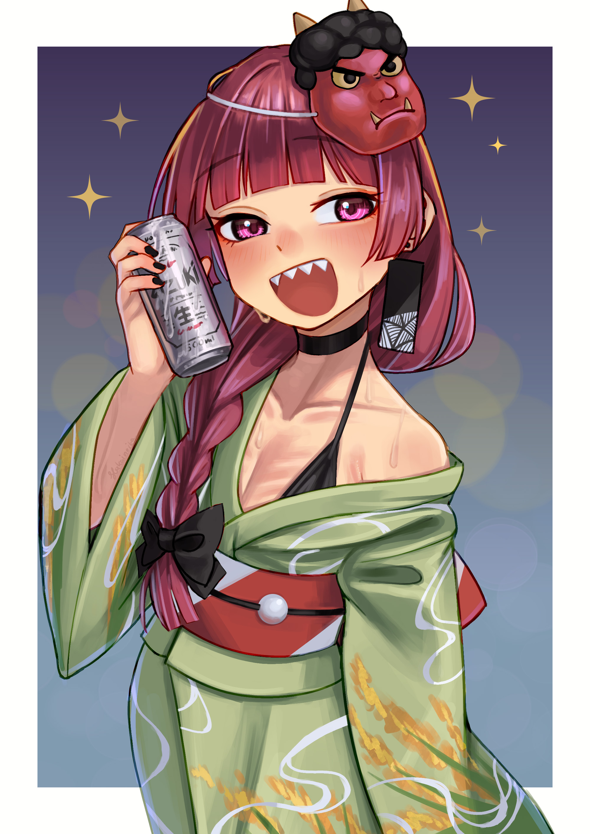 hakai no ika, hiroi kikuri, bocchi the rock!, absurdres, commentary request, highres, paid reward available, variant set, 1girl, artist name, beer can, bikini, bikini under clothes, black bikini, black bow, black choker, black nails, blunt bangs, blush, border, bow, braid, can, choker, cowboy shot, drink can, green kimono, hair bow, hair over shoulder, holding, holding can, japanese clothes, kimono, long hair, long sleeves, mask, mask on head, oni mask, open mouth, outside border, pink eyes, red hair, sharp teeth, single bare shoulder, single braid, smile, solo, sparkle, sweat, swimsuit, teeth, white border, wide sleeves
