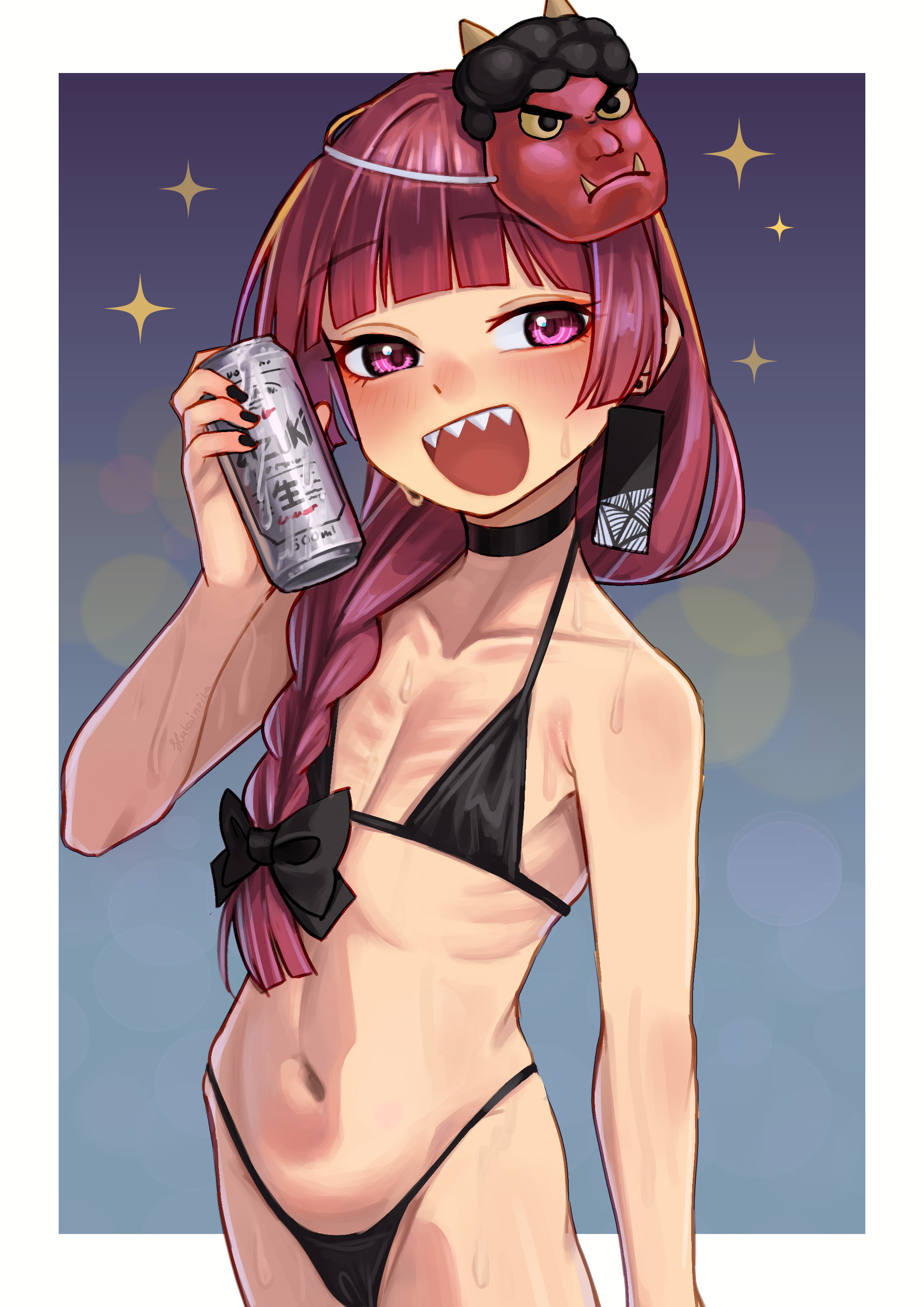 hakai no ika, hiroi kikuri, bocchi the rock!, absurdres, commentary request, highres, paid reward available, variant set, 1girl, artist name, bare arms, bare shoulders, beer can, bikini, black bikini, black bow, black choker, black nails, blunt bangs, blush, border, bow, braid, can, choker, cowboy shot, drink can, flat chest, hair bow, hair over shoulder, holding, holding can, long hair, mask, mask on head, oni mask, open mouth, outside border, pink eyes, red hair, ribs, sharp teeth, single braid, skinny, smile, solo, sparkle, sweat, swimsuit, teeth, white border