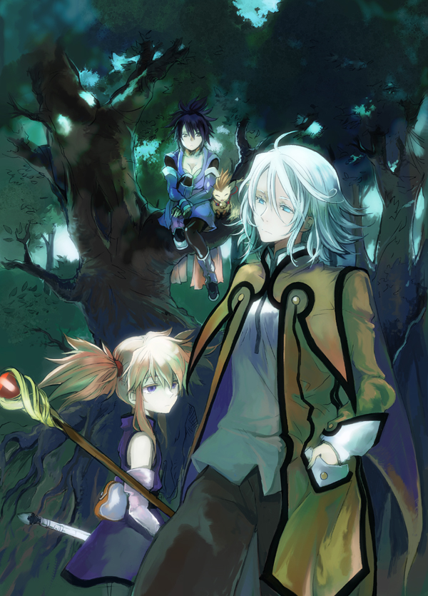 mooche, corrine, fujibayashi sheena, presea combatir, raine sage, tales of (series), tales of symphonia, silver hair, 00s, axe, black hair, blue eyes, purple eyes, staff, weapon