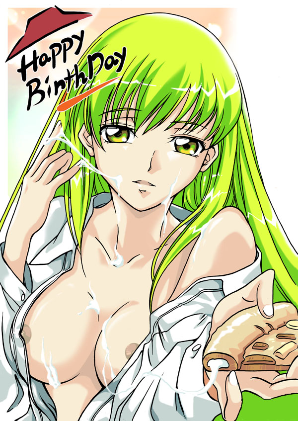 c.c., code geass, pizza hut, 00s, 1girl, breasts, cheese, female focus, food, green hair, long hair, nipples, open clothes, open shirt, pizza, product placement, sexually suggestive, shirt, solo, suggestive fluid, what, yellow eyes