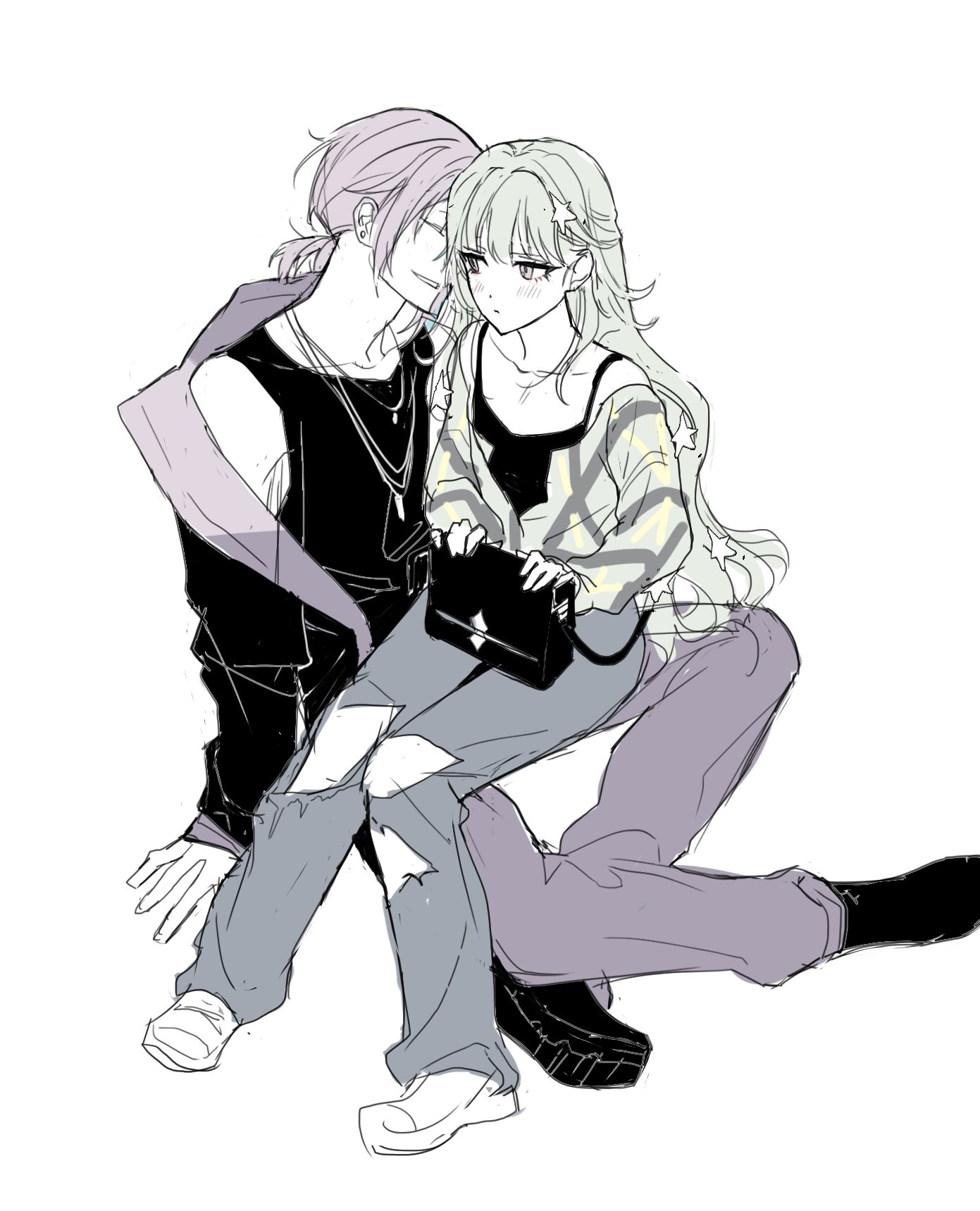 www 2duck2, kamishiro rui, kusanagi nene, project sekai, zozotown, commentary request, highres, korean commentary, 1boy, 1girl, bag, black bag, black shoes, black tank top, blush, closed mouth, green hair, hair ornament, holding, holding bag, jacket, jewelry, long hair, long sleeves, necklace, official alternate costume, official alternate hairstyle, pants, ponytail, shoes, shoulder bag, simple background, sitting, sitting on lap, sitting on person, star (symbol), star hair ornament, tank top, torn clothes, torn pants, white background