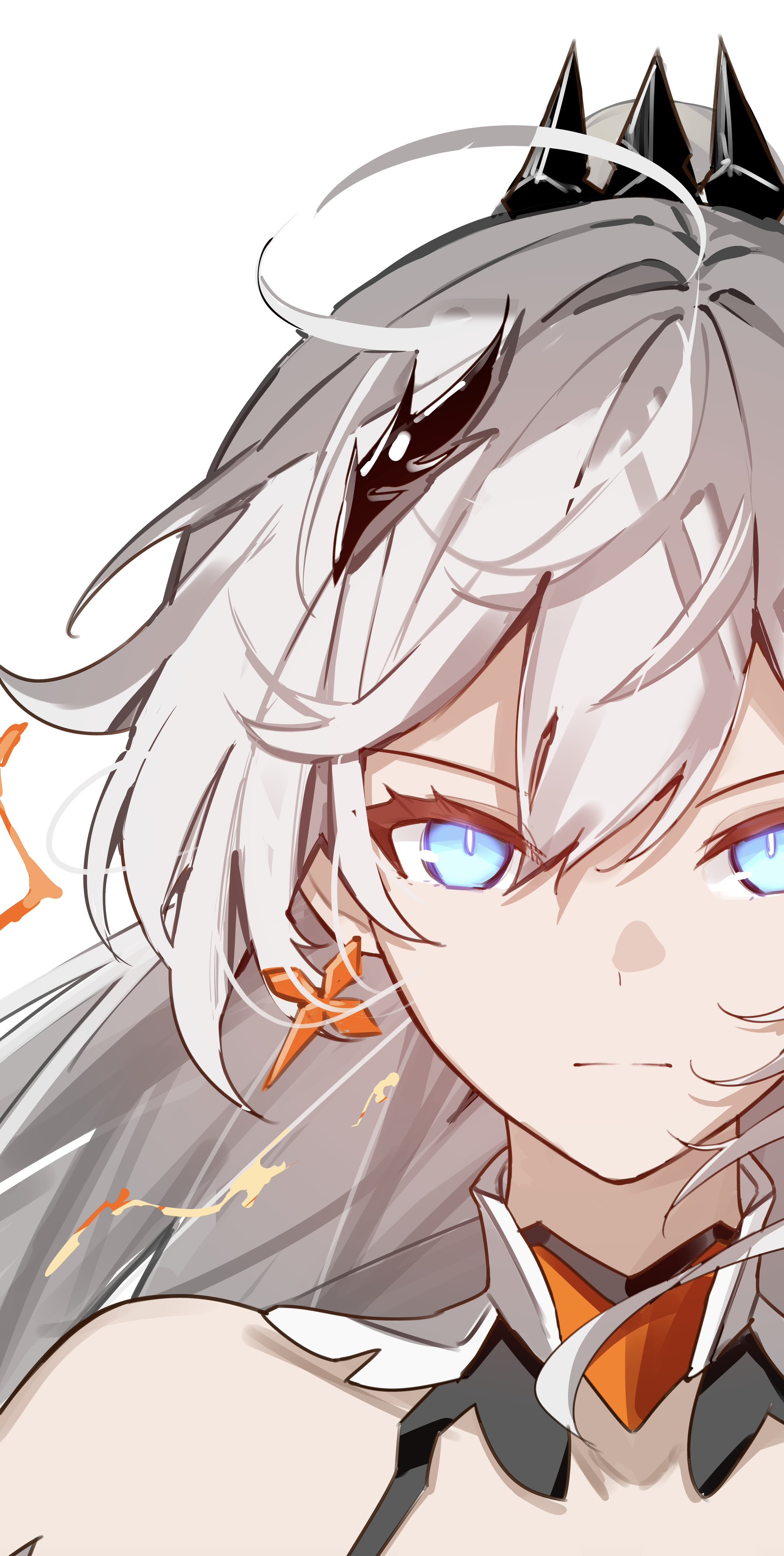 sparks summer, kiana kaslana, kiana kaslana (herrscher of flamescion), honkai (series), honkai impact 3rd, absurdres, highres, 1girl, blue eyes, close-up, closed mouth, earrings, jewelry, long hair, looking at viewer, ponytail, simple background, solo, white background, white hair