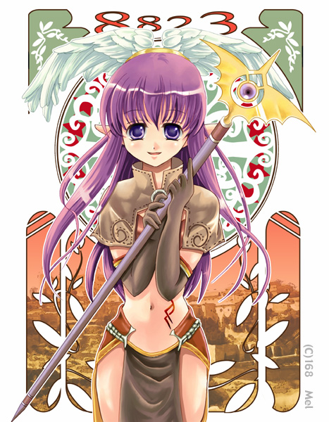 mel (melrose), mel (pixiv), mage (ragnarok online), ragnarok online, bad id, bad pixiv id, 1girl, female focus, long hair, pelvic curtain, pointy ears, purple hair, solo, staff