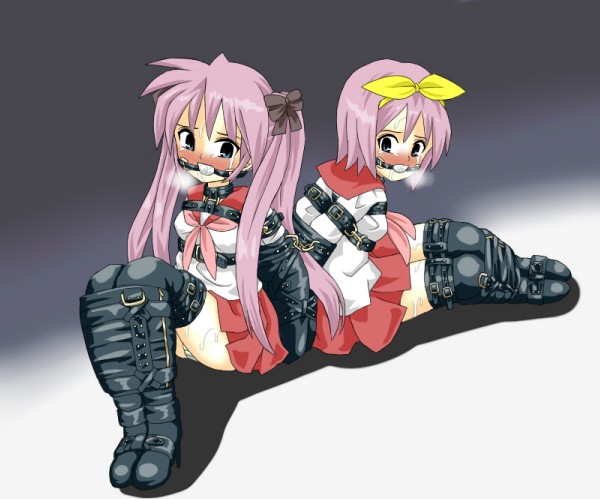 lilish, hiiragi kagami, hiiragi tsukasa, lucky star, 00s, 2girls, armbinder, arms behind back, ball gag, bdsm, belt, blush, bondage, bound, bound arms, breath, collar, female focus, gag, gagged, gimpgear, harness, leather, legbinder, multiple girls, panties, siblings, sisters, slave, striped clothes, striped panties, tears, thighhighs, twins, underwear