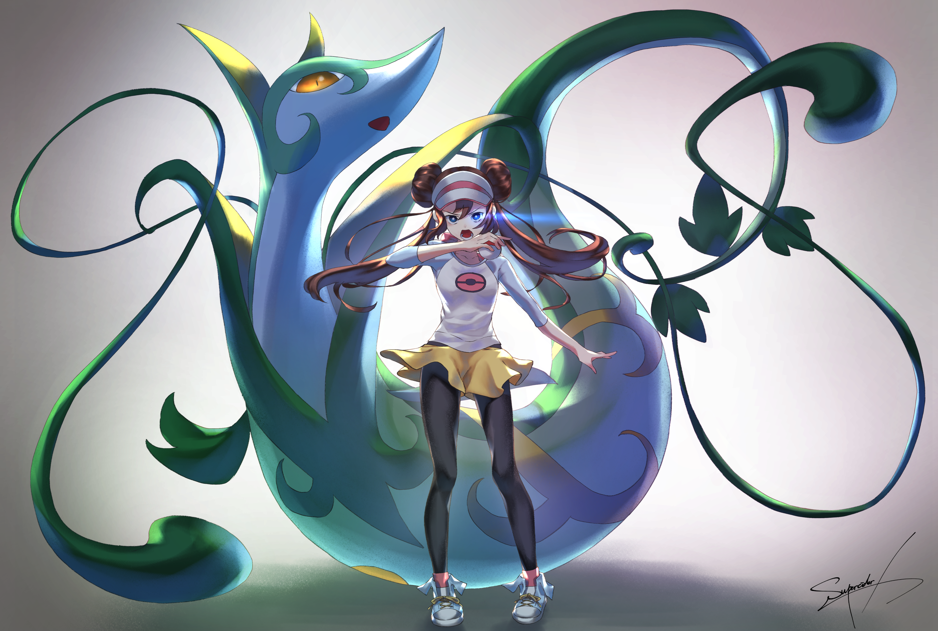akiwashi, rosa (pokemon), serperior, nintendo, pokemon, pokemon bw2, absurdres, commentary request, highres, 1girl, black pantyhose, blue eyes, bright pupils, brown hair, double bun, floating hair, gen 5 pokemon, glowing, glowing eyes, hair bun, hand up, holding, holding poke ball, long hair, looking at viewer, open mouth, pantyhose, pink socks, poke ball, poke ball (basic), pokemon (creature), raglan sleeves, shirt, shoes, shorts, signature, socks, standing, three-quarter sleeves, twintails, visor cap, yellow shorts