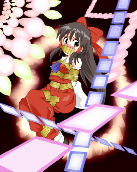 lilish, hakurei reimu, touhou, 1girl, bdsm, bondage, bound, danmaku, female focus, gag, gagged, improvised gag, solo, tape, tape gag