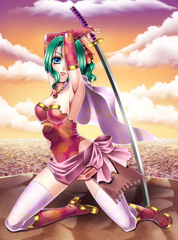 minatsuki alumi, tina branford, final fantasy, final fantasy vi, 1990s (style), 1girl, blue eyes, boots, breasts, cleavage, elbow gloves, female focus, fingerless gloves, full body, gloves, green hair, katana, large breasts, leotard, outdoors, red leotard, sky, solo, sword, thighhighs, torn clothes, weapon