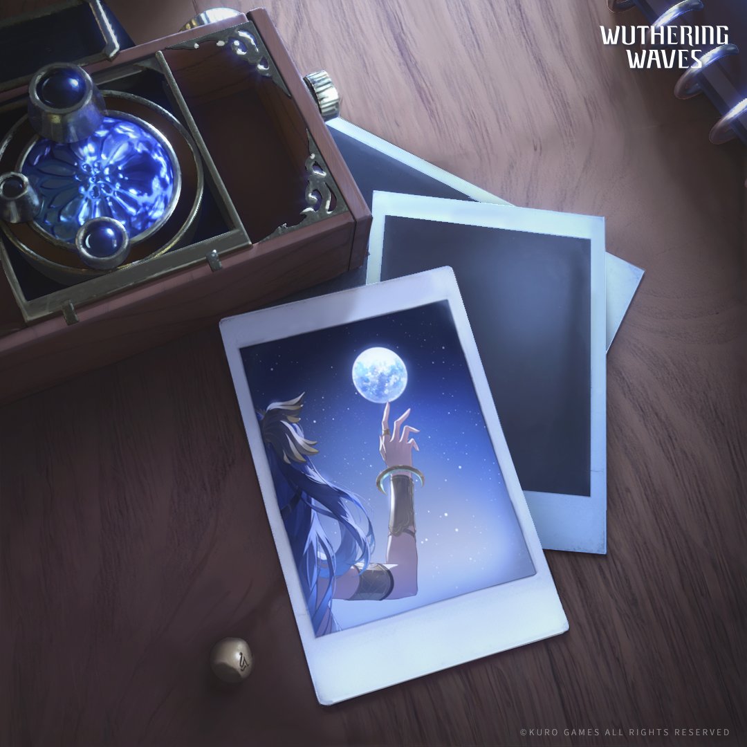 iuno (wuthering waves), wuthering waves, commentary, english commentary, official art, 1girl, armlet, blue hair, blue sky, copyright notice, from behind, full moon, hair ornament, hand up, jewelry, logo, long hair, moon, night, night sky, polaroid photo, ring, sky, solo