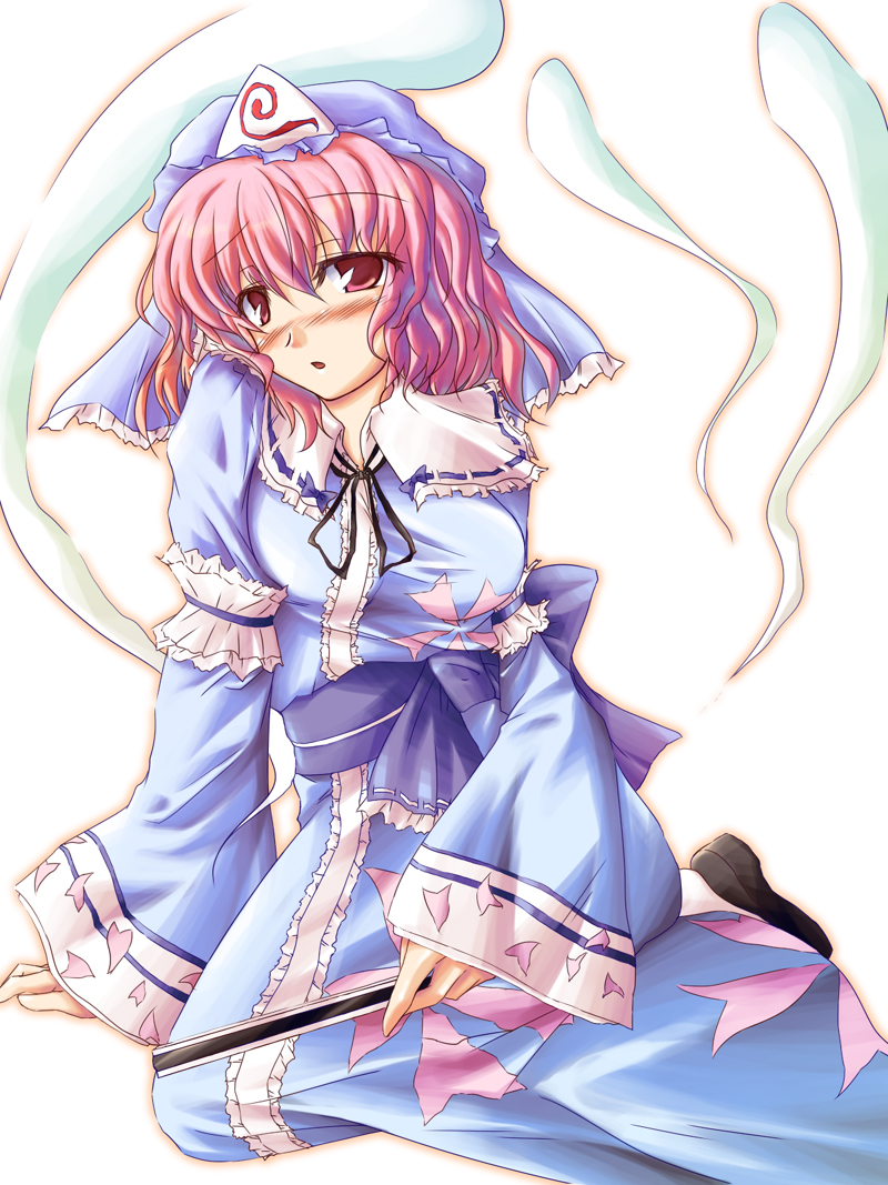 amano chiharu, chiharu (pixiv), saigyouji yuyuko, touhou, bad id, bad pixiv id, 1girl, blush, breasts, dress, dutch angle, female focus, folded fan, folding fan, ghost, hand fan, hat, japanese clothes, kimono, pink hair, ribbon, seiza, short hair, sitting, solo, white background