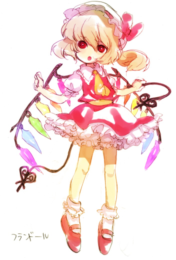 kiris, flandre scarlet, touhou, bad id, bad pixiv id, 1girl, blonde hair, blouse, collared shirt, female focus, full body, hair between eyes, hat, mob cap, ponytail, red shoes, ribbon, shirt, shoes, short hair, simple background, socks, solo, standing, white background, white hat, white shirt, white socks, wings