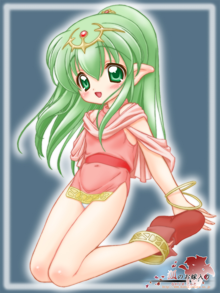 nakajima konta, tiki (fire emblem), tiki (young) (fire emblem), fire emblem, fire emblem: mystery of the emblem, fire emblem: shadow dragon, nintendo, 1girl, female focus, green eyes, green hair, matching hair/eyes, panties, pantyshot, pointy ears, solo, standing, underwear, white panties