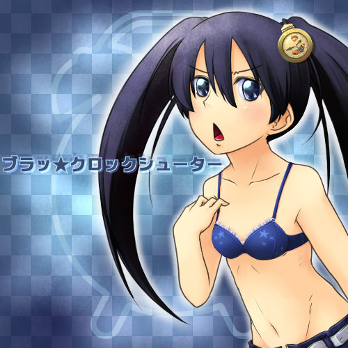 33kudo, bbb (33kudo), black rock shooter (character), hatsune miku, black rock shooter, vocaloid, lowres, 10s, 1girl, black hair, blacku00e2u02dcu2026rock shooter, blue eyes, female focus, long hair, midriff, solo, twintails