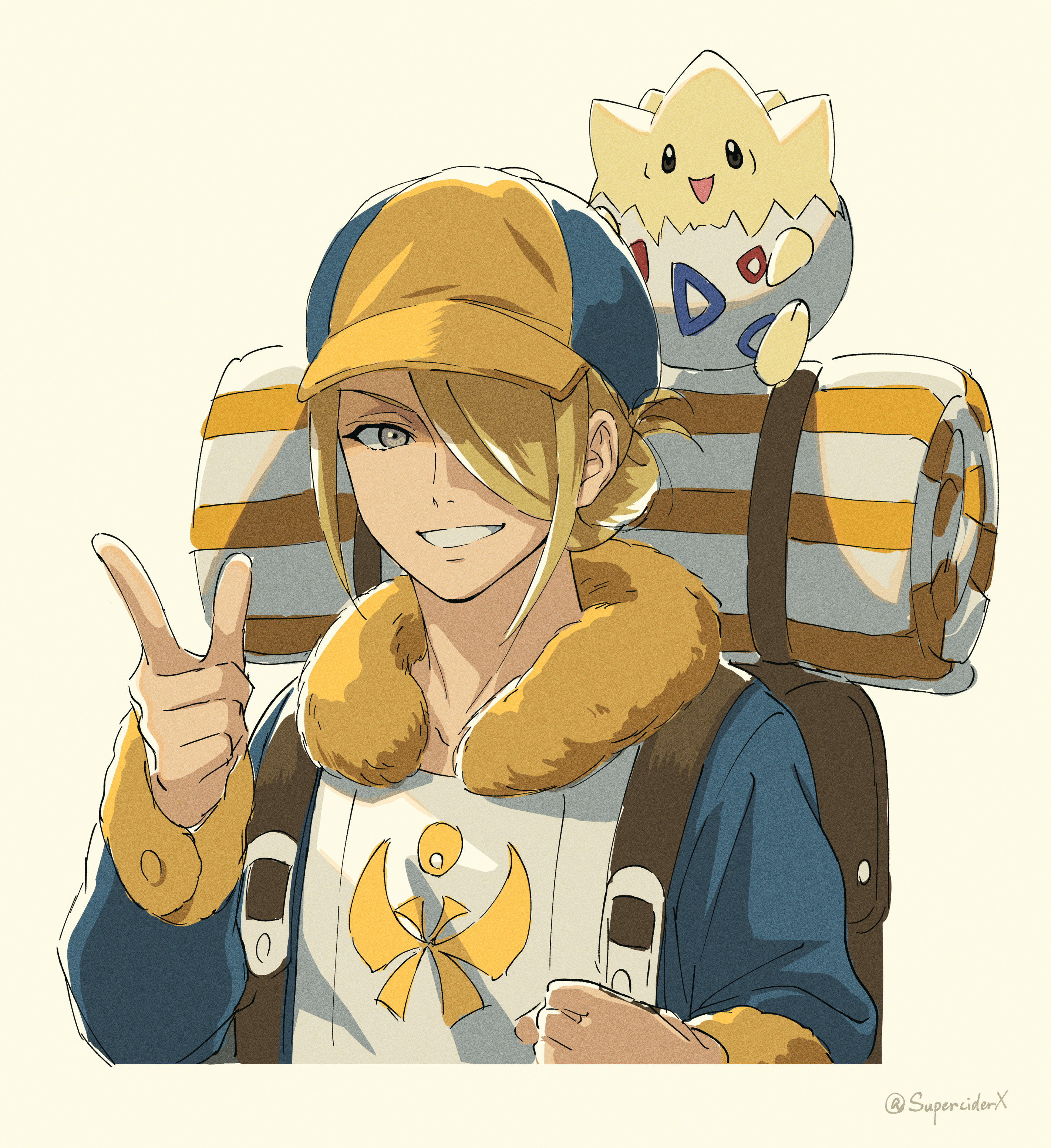 akiwashi, togepi, volo (pokemon), nintendo, pokemon, pokemon legends: arceus, absurdres, commentary request, highres, 1boy, backpack, bag, blonde hair, brown bag, gen 2 pokemon, grey eyes, grin, hair over one eye, hand up, happy, hat, index finger raised, jumpsuit, looking at viewer, male focus, pokemon (creature), short hair, smile, teeth, yellow hat