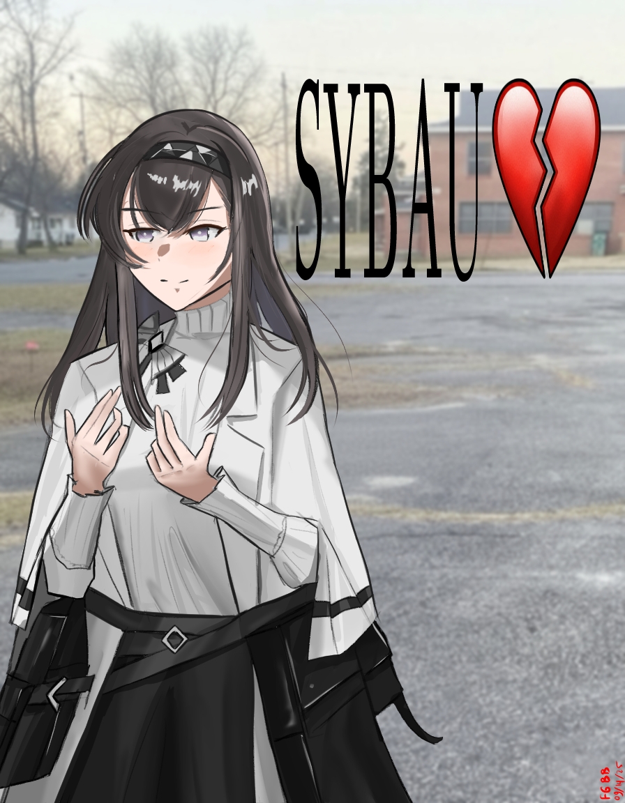 kentangbasi98, priestess (arknights), arknights, 1girl, black hair, black hairband, black skirt, black sweater, broken heart, closed mouth, cowboy shot, dated, grey eyes, hairband, hands up, heart, long hair, meme, outdoors, photo background, skirt, solo, standing, sweater, sybau (meme)