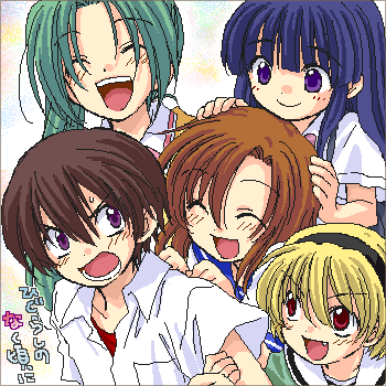 furude rika, houjou satoko, maebara keiichi, ryuuguu rena, sonozaki mion, higurashi no naku koro ni, lowres, non-web source, 00s, 1boy, 4girls, blonde hair, closed eyes, fang, multiple girls, oekaki