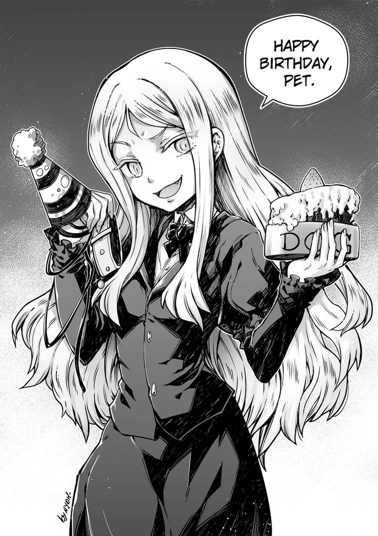 yupiel, yupiel-sama no geboku, commentary, commission, english commentary, traditional media, 1girl, borrowed character, bow, bowtie, cake, cake slice, collar, dress, food, greyscale, happy birthday, hat, holding, long hair, long sleeves, looking at viewer, monochrome, nydoriko, open mouth, party hat, skirt, solo, vampire
