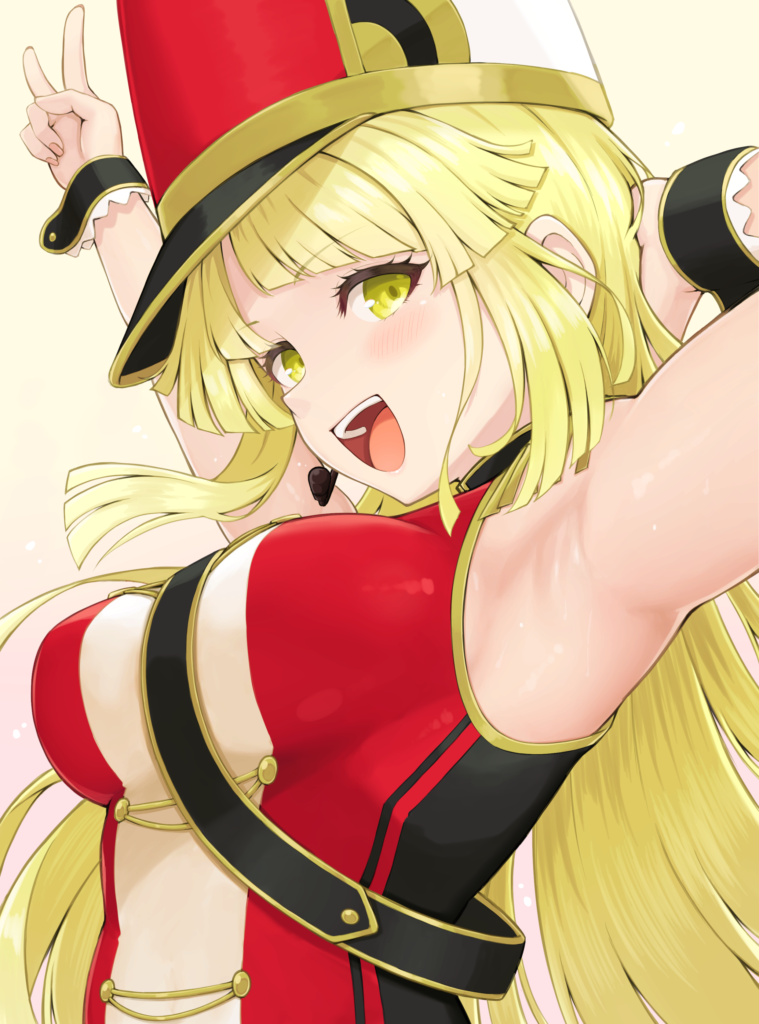 temari rin, tsurumaki kokoro, bang dream!, absurdres, commentary request, highres, 1girl, arm up, black wrist cuffs, blonde hair, blush, breasts, detached sleeves, green eyes, hat, long hair, looking at viewer, medium breasts, open mouth, red hat, smile, solo, upper body, v, wrist cuffs