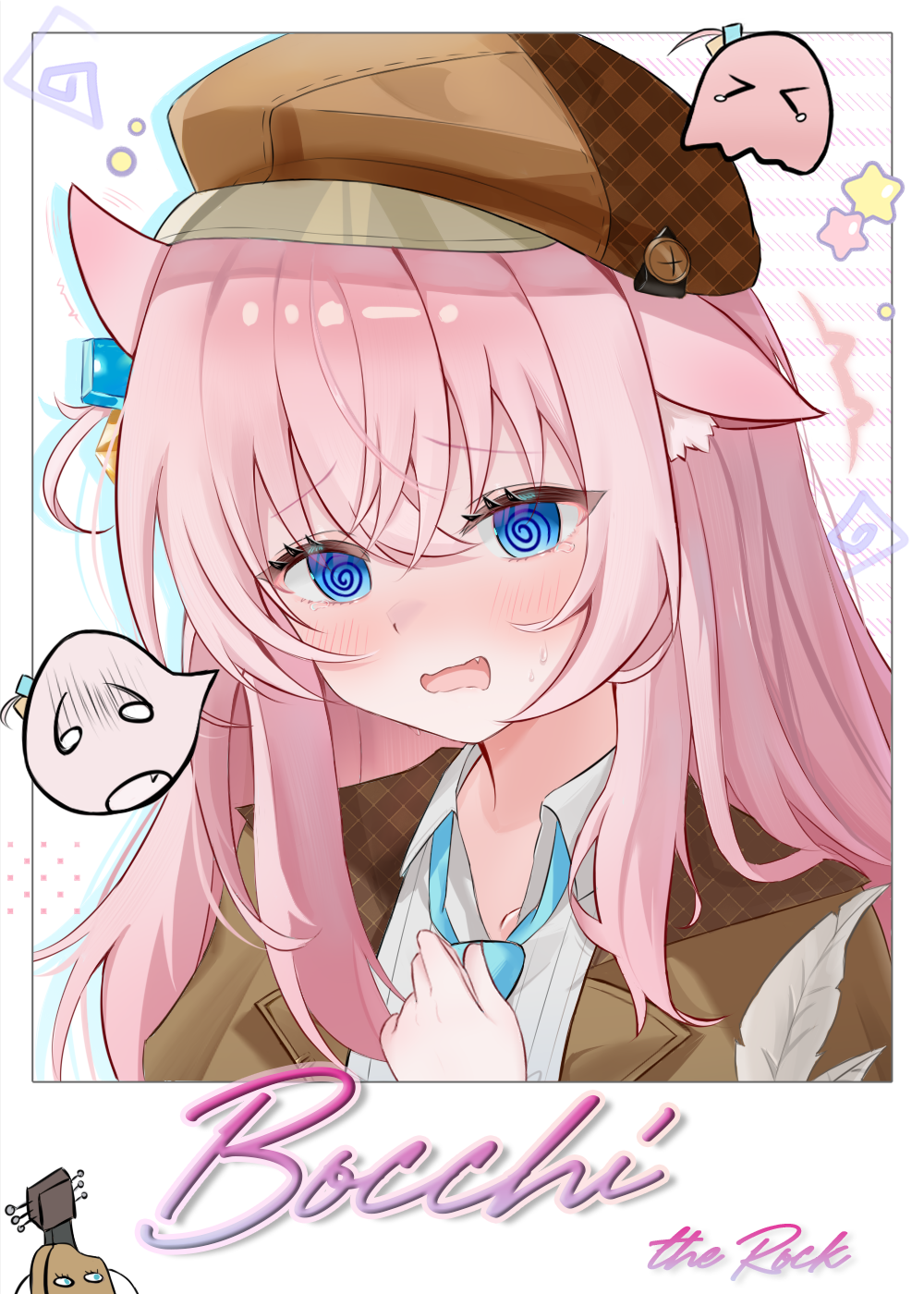chokei, gotoh hitori, gotoh hitori (octopus), bocchi the rock!, highres, 1girl, @ @, animal ear fluff, animal ears, blue eyes, blush, cat ears, coat, fang, feathers, flustered, hair between eyes, hair ornament, hand on own chest, hand up, hat, long hair, looking at viewer, necktie, open mouth, pink hair, shirt, sidelocks, simple background, star (symbol), sweatdrop, white shirt