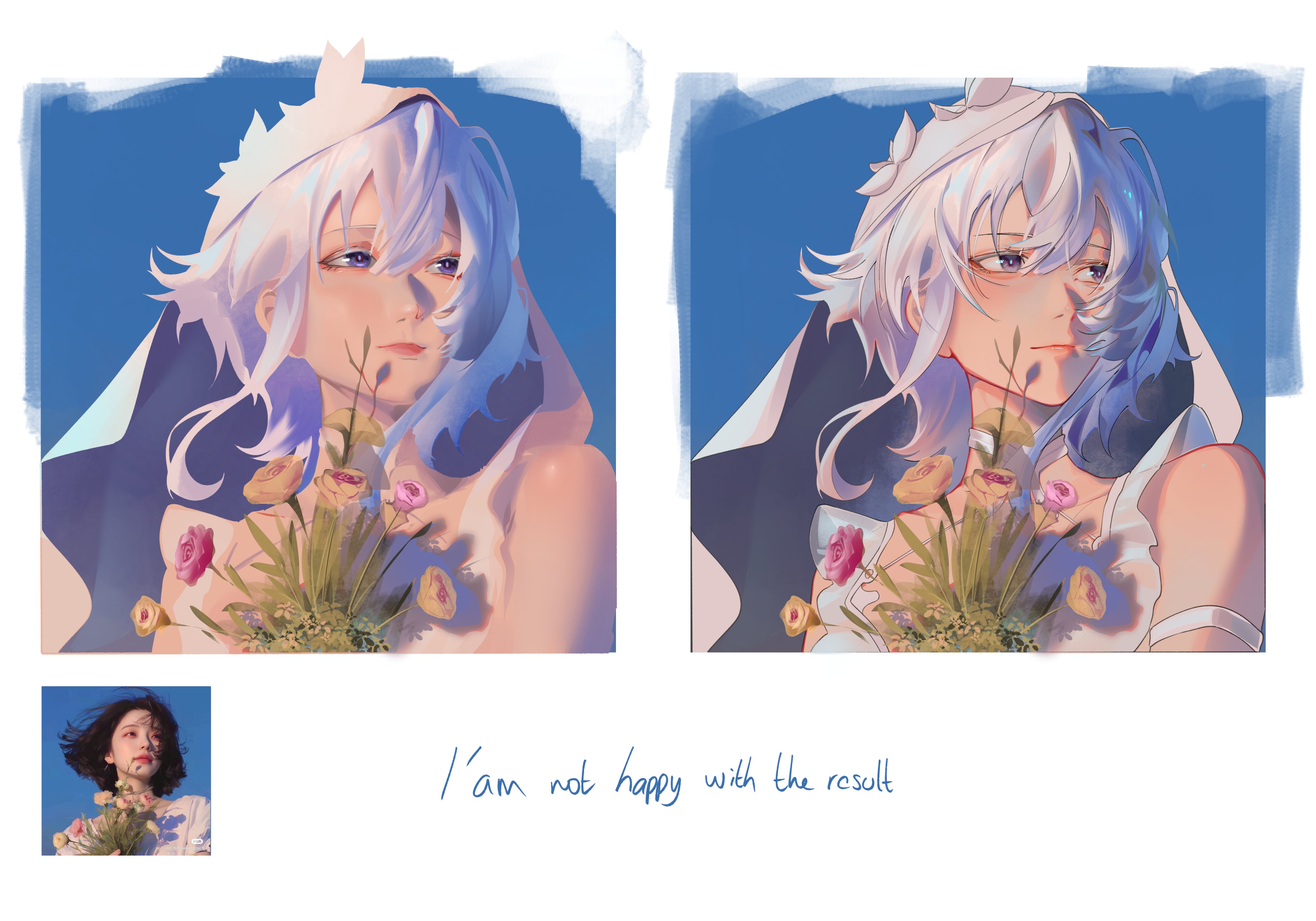 lufi ays, shorekeeper (wuthering waves), wuthering waves, absurdres, commentary, english commentary, highres, photo-referenced, 1girl, armlet, blue hair, bouquet, closed mouth, english text, flower, hair between eyes, jewelry, long hair, multiple views, photo inset, portrait, purple eyes, reference inset, veil, white veil