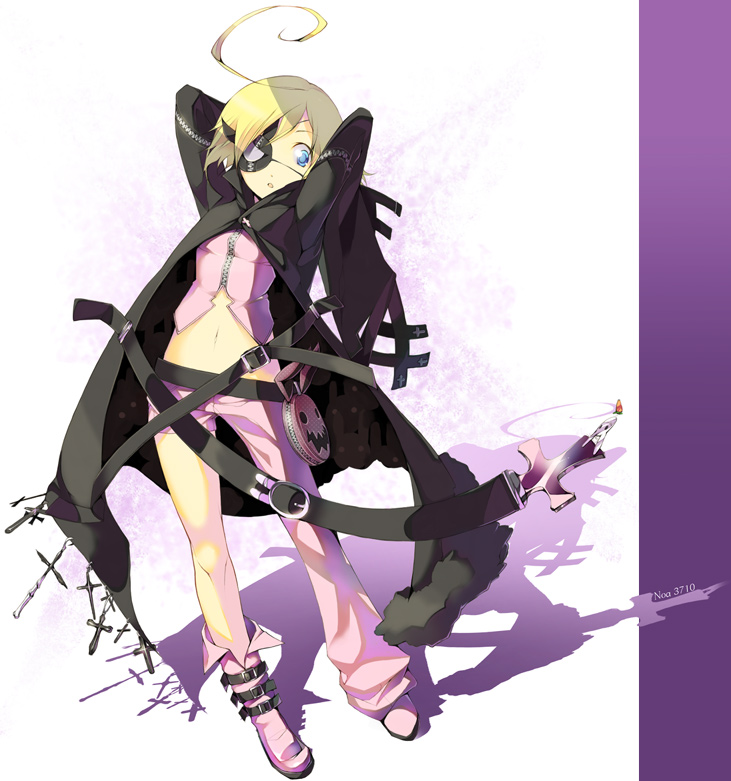 tsujisaki, bad id, bad pixiv id, ahoge, bag, blonde hair, blue eyes, cross, eyepatch, latin cross, midriff, solo