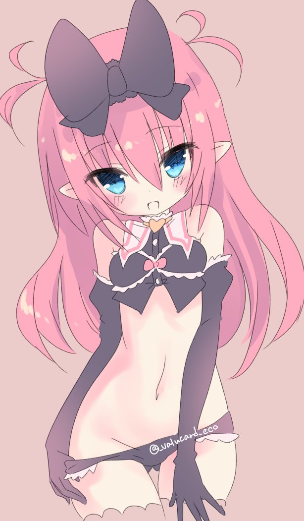 valucard eco, lilim (eco), emil chronicle online, 1girl, black gloves, black panties, black tank top, blue eyes, breasts, elbow gloves, gloves, hair ribbon, long hair, looking at viewer, navel, open mouth, panties, panty pull, pink hair, pointy ears, ribbon, small breasts, solo, tank top, twitter username, two side up, underwear