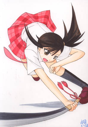 mikagami sou, sakurazaki setsuna, mahou sensei negima!, lowres, 00s, plaid clothes, plaid skirt, school uniform, serafuku, skirt, solo, sword, weapon