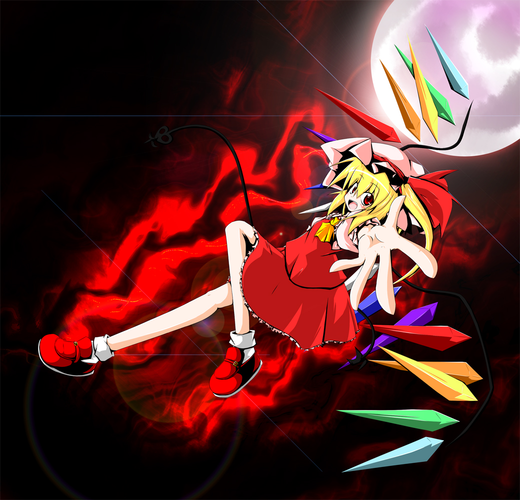 yang tora, flandre scarlet, touhou, bad id, bad pixiv id, 1girl, blonde hair, female focus, from side, full body, hat, mob cap, moon, outdoors, ponytail, red background, ribbon, short hair, sky, socks, solo, white hat, white socks, wings