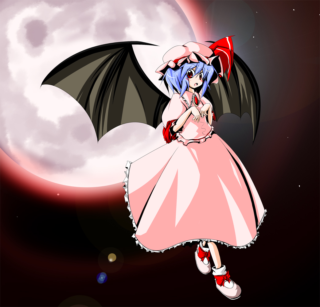 yang tora, remilia scarlet, touhou, bad id, bad pixiv id, 1girl, bat wings, blue hair, female focus, full body, gradient background, hat, moon, outdoors, red eyes, red moon, ribbon, short hair, skirt, sky, solo, wings