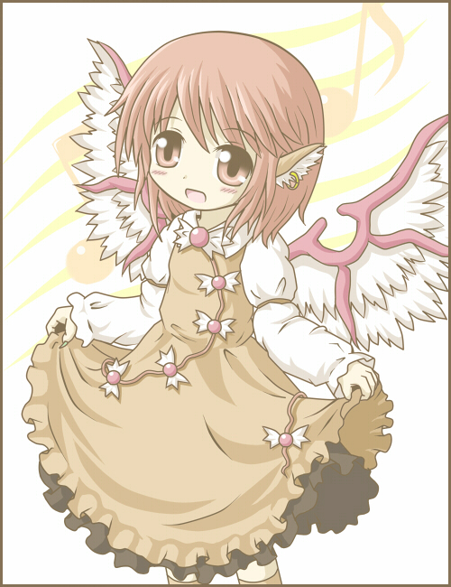 cafe (owleelcafe), mystia lorelei, touhou, 1girl, curtsey, earrings, female focus, jewelry, open mouth, pink hair, short hair, skirt hold, solo, standing, white background, wings