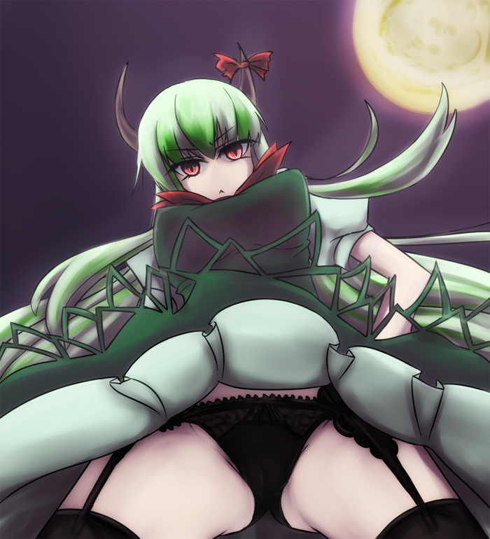 asa inu, ex-keine, kamishirasawa keine, touhou, bad id, bad pixiv id, 1girl, :<, black panties, black thighhighs, breasts, cameltoe, female focus, from below, garter belt, gradient background, green hair, horns, lingerie, long hair, looking at viewer, moon, outdoors, panties, red eyes, ribbon, sky, solo, spread legs, thighhighs, underwear, upskirt
