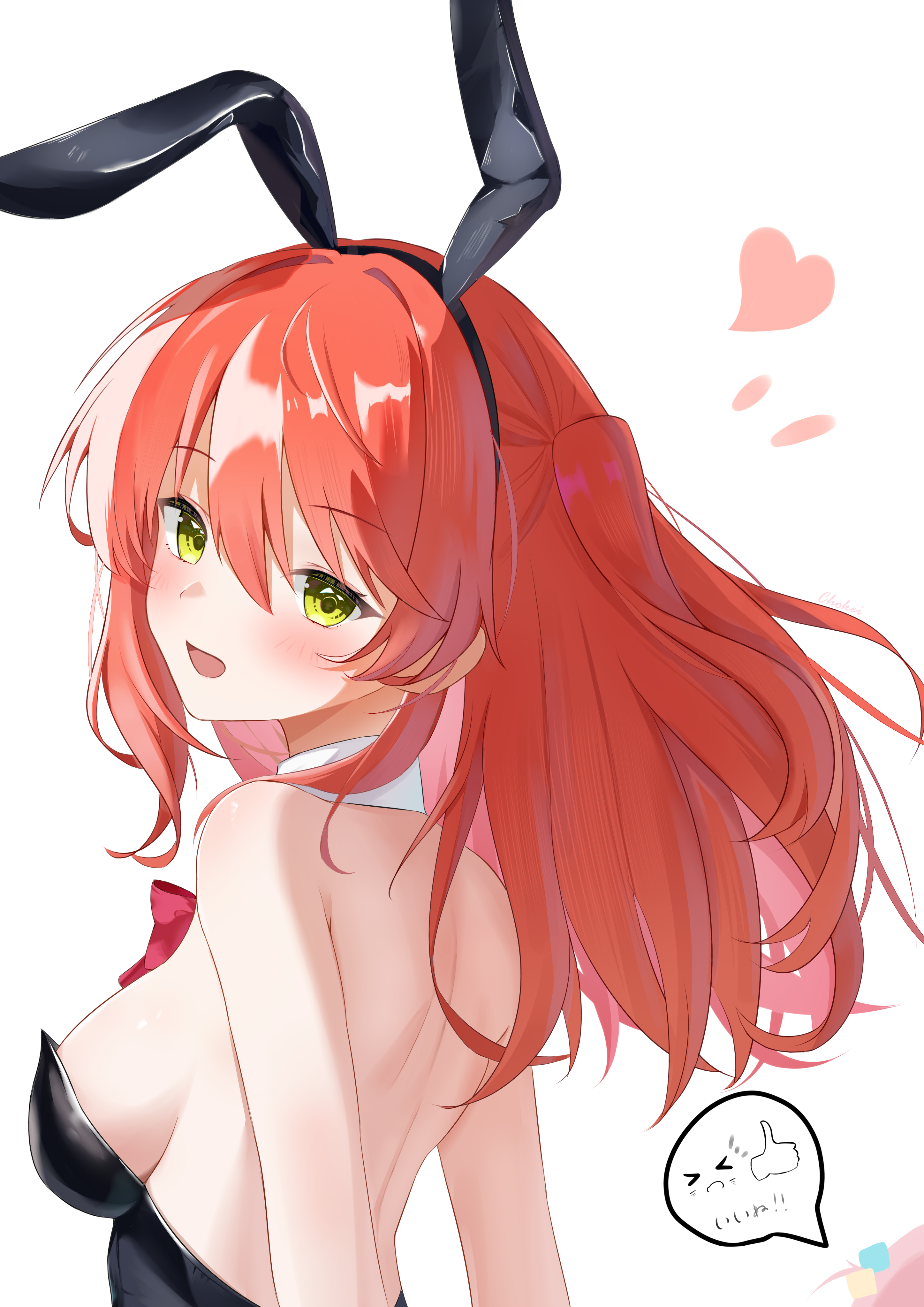 chokei, gotoh hitori, kita ikuyo, bocchi the rock!, absurdres, highres, 2girls, animal ear hairband, animal ears, back, bare back, blush, breasts, detached collar, fake animal ears, hair between eyes, hair ornament, heart, leotard, long hair, looking at viewer, looking back, medium breasts, multiple girls, open mouth, pink hair, playboy bunny, rabbit ear hairband, rabbit ears, red hair, side ponytail, sideboob, sidelocks, simple background, swept bangs, white background
