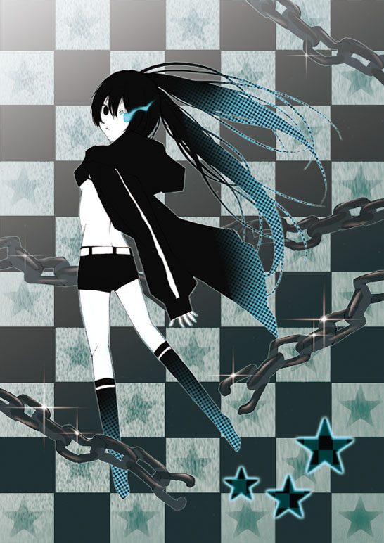 cho bi, chobi (pixiv148232), black rock shooter (character), hatsune miku, black rock shooter, vocaloid, bad id, bad pixiv id, 10s, 1girl, blackâ˜…rock shooter, black hair, blue eyes, chain, female focus, full body, long hair, midriff, monochrome, shorts, solo, twintails