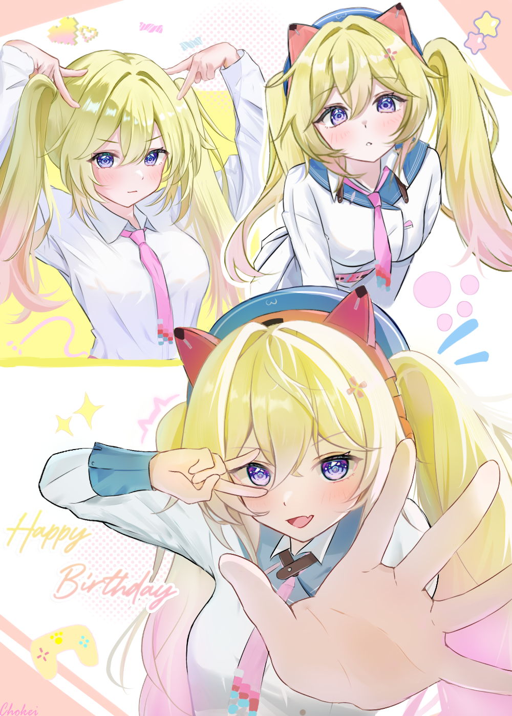 chokei, michele (strinova), michele (volunteer player) (strinova), strinova, highres, 1girl, animal ears, blonde hair, blue eyes, blush, breasts, cat ears, double v, fake animal ears, fang, hair intakes, hands up, long hair, long sleeves, looking at viewer, medium breasts, necktie, open mouth, shirt, skin fang, solo, teeth, tongue, twintails, v, white shirt