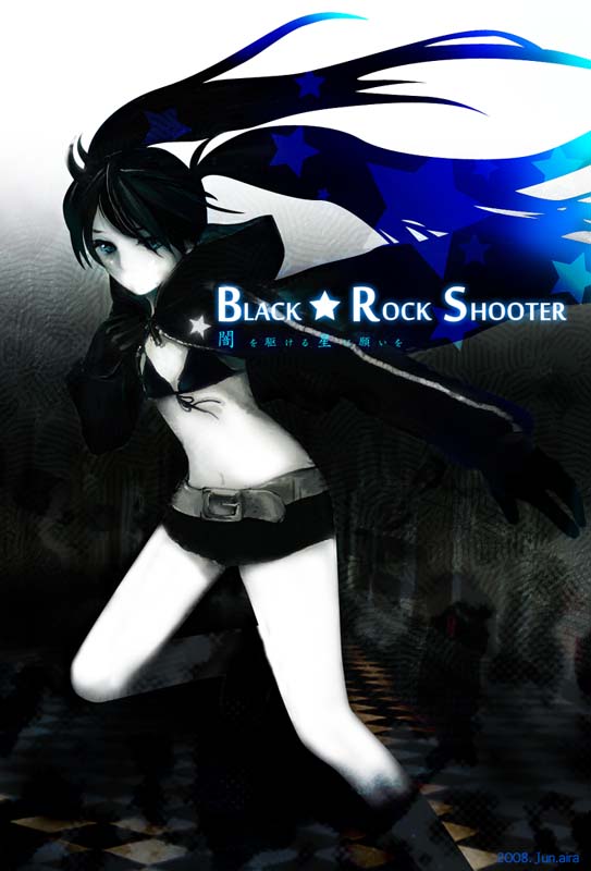 aira129, aira (pixiv), black rock shooter (character), black rock shooter, 10s, 1girl, black hair, blacku00e2u02dcu2026rock shooter, blue eyes, female focus, long hair, midriff, shorts, solo, twintails