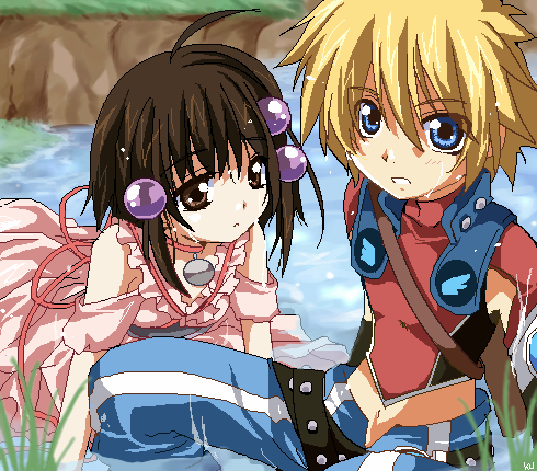 kurot, kyle dunamis, reala (tales), tales of (series), tales of destiny, tales of destiny 2, lowres, 1boy, 1girl, hair ornament, oekaki, red shirt, shirt, sphere hair ornament