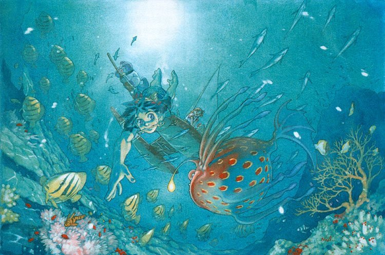 yuuki nobuteru, leena (chrono cross), poshul, serge (chrono cross), chrono (series), chrono cross, official art, fish, fisheye, from below, key, lens flare, mouth hold, ocean, perspective, solo, swimming, underwater, water