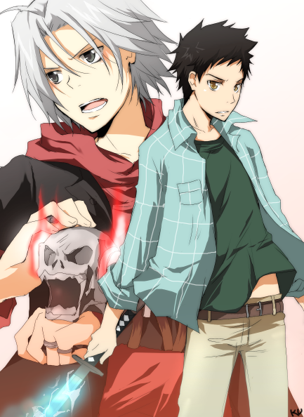 kurot, gokudera hayato, yamamoto takeshi, katekyo hitman reborn!, 00s, 2boys, belt, black hair, blue eyes, brown eyes, buckle, fire, frown, grey eyes, grey hair, hood, hoodie, jewelry, looking afar, looking at viewer, male focus, multiple boys, pants, ring, simple background, skull, spiked hair, sword, wavy mouth, weapon, white background