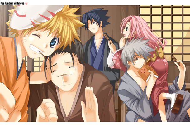 kurot, haruno sakura, hatake kakashi, uchiha sasuke, umino iruka, uzumaki naruto, naruto (classic), naruto (series), silver hair, 1girl, 4boys, black hair, blonde hair, blue eyes, book, closed eyes, dango, food, japanese clothes, long hair, looking at viewer, mask, multiple boys, open mouth, pink hair, pocky, scar, scar on face, scar on nose, short hair, sitting, smile, wagashi