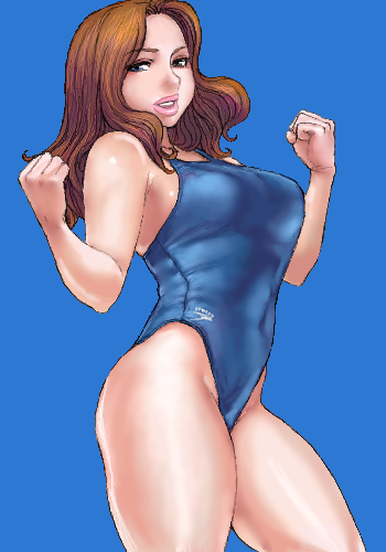 matoyama, lowres, 1girl, blue background, blue eyes, brown hair, female focus, lips, long hair, oekaki, one-piece swimsuit, school swimsuit, solo, swimsuit