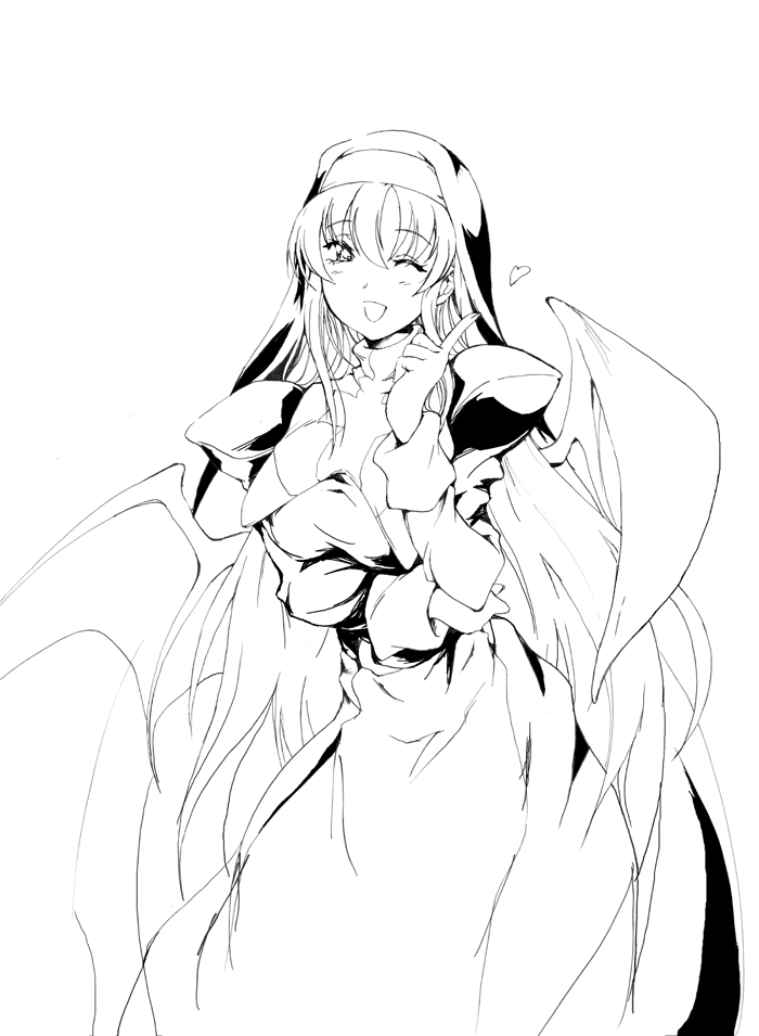 matsukura nemu, clarice di lanza, aq interactive, arcana heart, arcana heart 2, atlus, examu, habit, 1girl, bat wings, blush, breasts, cross, demon girl, dress, female focus, greyscale, hairband, heart, large breasts, long hair, monochrome, nun, one eye closed, simple background, smile, solo, turtleneck, very long hair, wings, wink