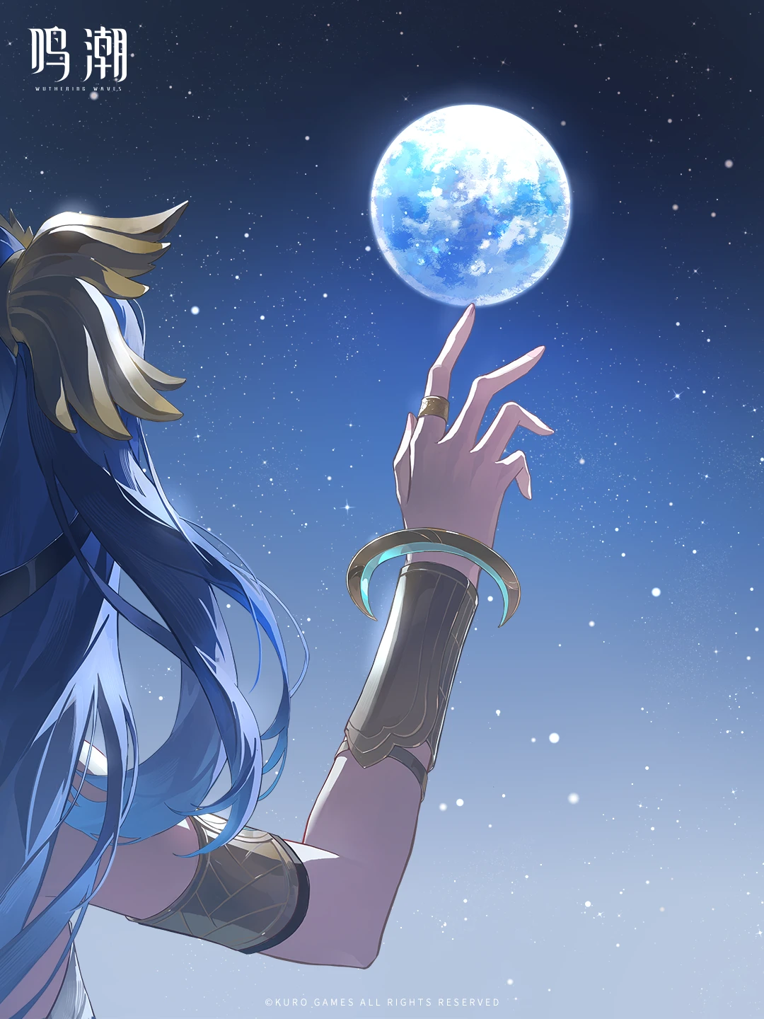 iuno (wuthering waves), wuthering waves, highres, official art, 1girl, armlet, blue hair, blue sky, copyright notice, from behind, full moon, hair ornament, hand up, jewelry, logo, long hair, missing commentary, moon, night, night sky, ring, sky, solo