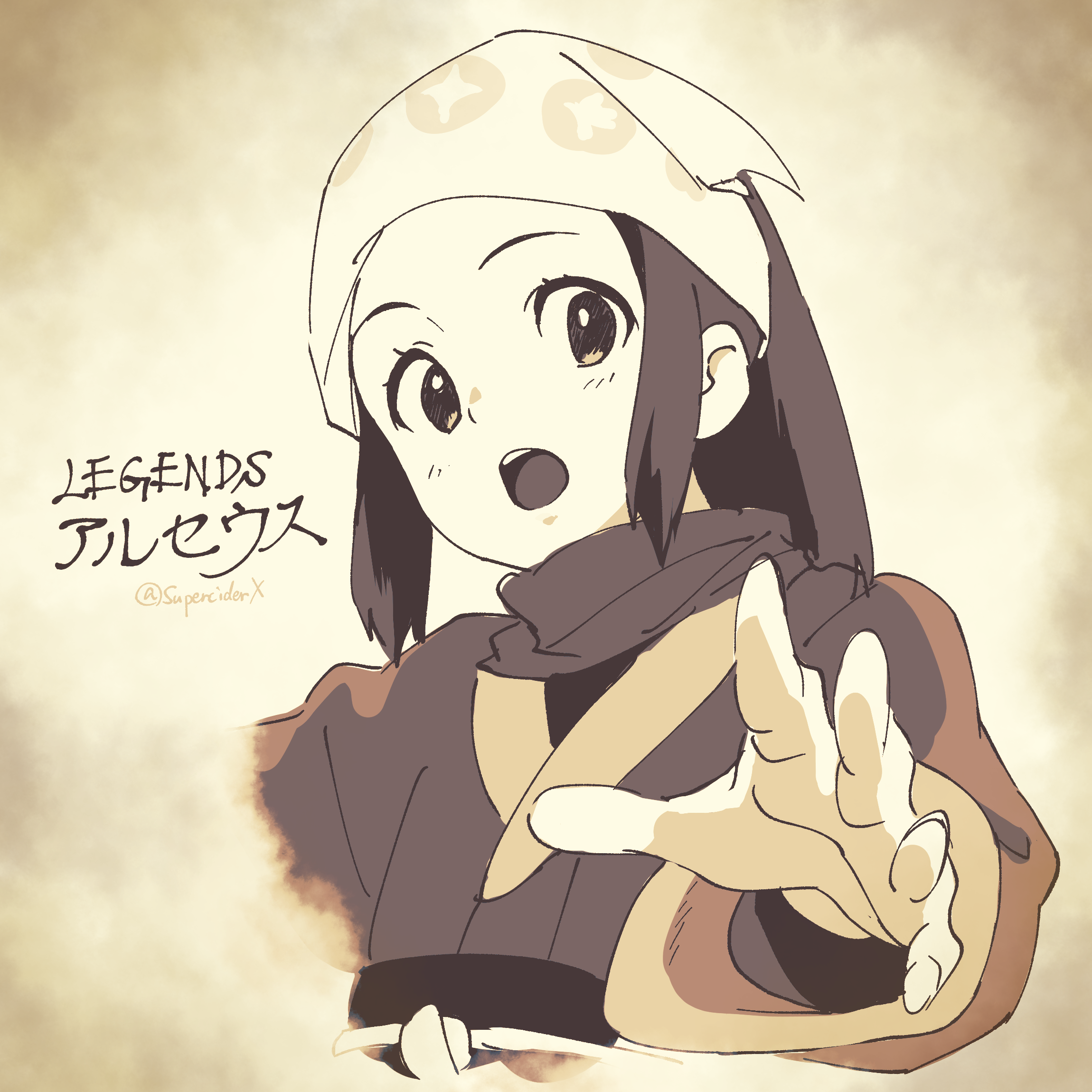 akiwashi, akari (pokemon), nintendo, pokemon, pokemon legends: arceus, commentary request, highres, 1girl, :o, copyright name, eyelashes, headscarf, jacket, long hair, looking down, open mouth, scarf, shirt, sidelocks, solo, teeth, tongue, twitter username, upper body, upper teeth only
