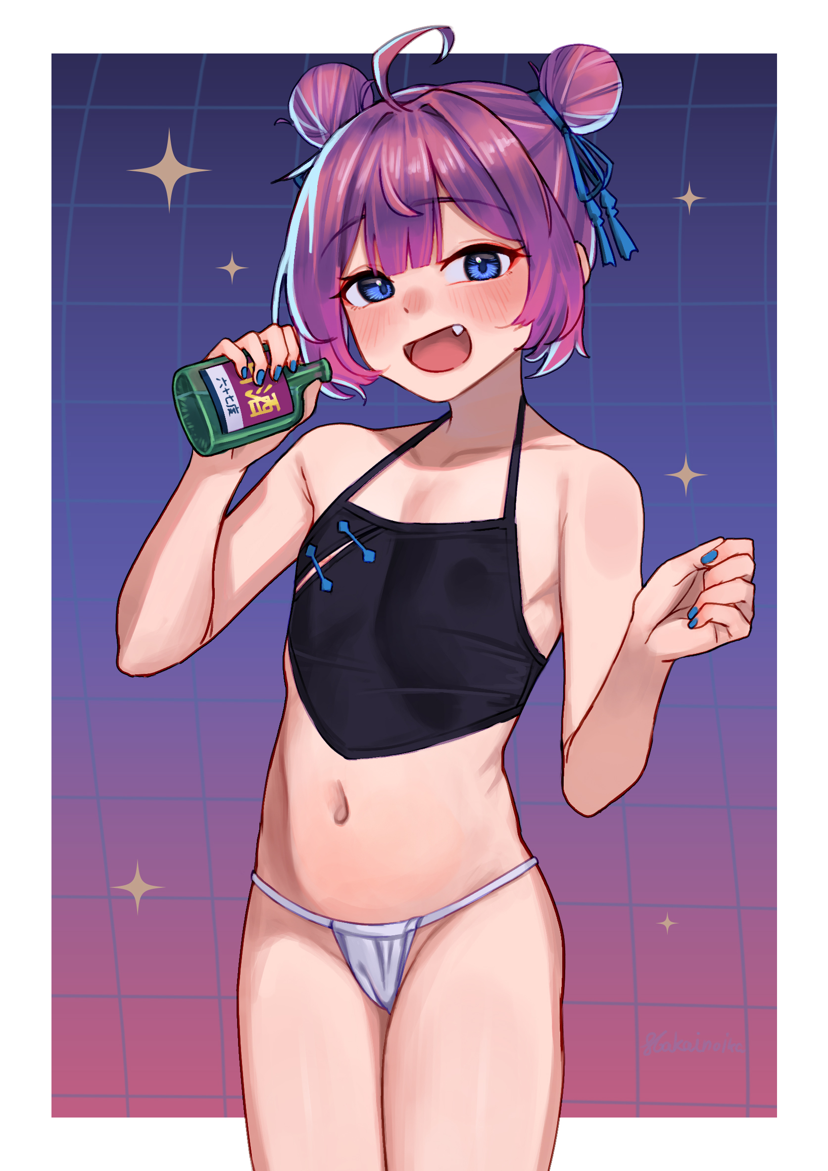 hakai no ika, original, commentary, english commentary, highres, mixed-language commentary, paid reward available, variant set, 1girl, ahoge, bare arms, bare shoulders, blue eyes, blue nails, blush, border, bottle, cowboy shot, crop top, double bun, fang, flat chest, gradient background, hair bun, hands up, holding, holding bottle, looking at viewer, nail polish, navel, nipple cutout, nipple slip, nipples, open mouth, outside border, panties, pink hair, purple background, short hair, smile, solo, sparkle, string panties, underwear, white border, white panties