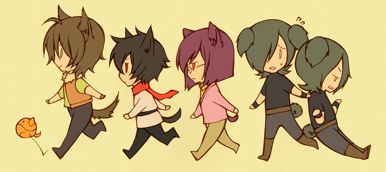 allelujah haptism, hallelujah haptism, haro, lockon stratos, setsuna f. seiei, tieria erde, gundam, gundam 00, 00s, 5boys, animal ears, black hair, cat ears, cat tail, chibi, creature, flying sweatdrops, from side, green hair, multiple boys, profile, purple hair, running, short hair, simple background, tail, twintails, yellow background