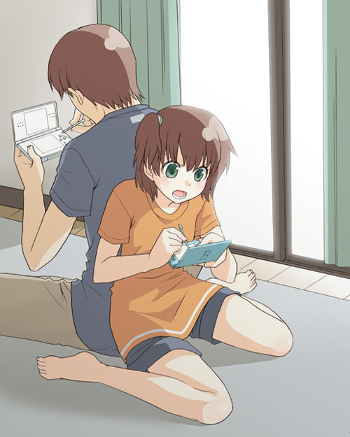 mattaku mousuke, original, 1boy, 1girl, back-to-back, barefoot, brown hair, feet, green eyes, handheld game console, nintendo ds, playing games, short hair, shorts, side ponytail, toes, video game