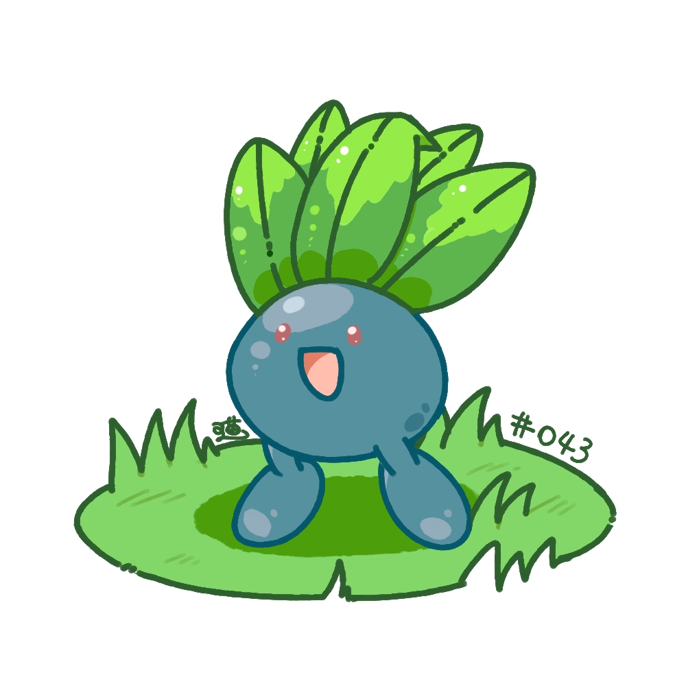 zuiaimao, oddish, nintendo, pokemon, gen 1 pokemon, grass, no humans, numbered, open mouth, pokemon (creature), simple background, solo, white background